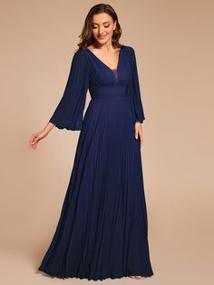 This custom size floor-length chiffon evening dress features a stunning deep V-neck design. The A-line silhouette is complemented by delicate ruffle sleeves, creating a timeless and sophisticated look perfect for any formal occasion. Length: Floor length. Sleeve Style: Long sleeves. Closure: It is concealed a zipper up the back. Undergarments: It is padded, with lining. Fabric:The garment comprises Chiffon. Stretch: Fabric is no stretch. Formal Chiffon V-neck Gown, Elegant Flowy V-neck Gown, Chiffon V-neck Gown For Gala, Elegant V-neck Chiffon Gala Dress, Elegant Floor-length Chiffon Dress With Pleated Bodice, Elegant V-neck Chiffon Dress For Gala, Elegant V-neck Gown With Pleats, Elegant V-neck Gown With Pleated Detail, Chiffon A-line Maxi Dress For Gala