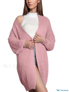 Orcajump - Drop Shoulder Mid Length Knit Cardigan, Casual Open Front Long Sleeve Sweater, Women's Clothing Stretch Ribbed Knit Outerwear, Stretchy Ribbed Knit Outerwear, Ribbed Knit Cardigan For Cold Weather, Winter Solid Stretch Cardigan, Stretch Winter Cardigan, Winter Stretch Solid Cardigan, Cozy Fit Cardigan For Cold Weather In Spring, Pink Ribbed Winter Cardigan, Casual Open Front Acrylic Cardigan