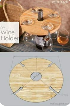 a wooden table with wine glasses on it and a cutting board attached to the top