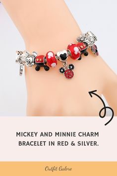 Our Red and Silver Charm Bracelet is the perfect addition to any Disney fan's jewelry collection. #minniemouse #mickeymouse #pandoradisneycharms #disneyjewelry This classic design features a delightful Mickey and Minnie pendant that will capture your heart. The bracelet is adorned with beautiful beads that add a touch of whimsy to any outfit. Don this stunning piece on your wrist and show off your love for all things Disney, or gift it to someone special as a symbol of friendship and affection. Disney Silver Bracelet Gift, Disney Silver Bracelet For A Gift, Silver Disney Bracelet As Gift, Silver Disney Bracelet For Gift, Silver Disney Charm Bracelet Gift, Silver Disney Charm Bracelet As A Gift, Disney Silver Charms Jewelry, Disney Silver Jewelry With Charms, Disney Style Silver Jewelry With Charms