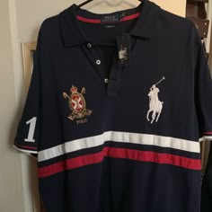 New With Tags Polo Ralph Lauren Big Pony Stripe Navy Blue Polo Shirt Classic Fit Xl Casual Blue Collared Top, Aesthetic Male Outfits, Navy Blue Polo Shirt, Male Outfits, Navy Polo Shirt, Polo Design, Blue Polo Shirt, Kicks Shoes, Style Reference