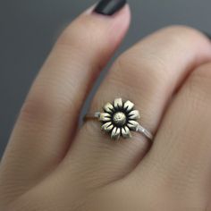 Mammoth Sunflower Ring, Flower Ring, Stack Ring, Silver Stack Ring, Sunflower Stack Ring, Boho Ring, Sterling Silver, Antiqued, Stack Ring This adorable brass and sterling silver sunflower stack ring is one to love! Perfect to wear everyday and if added to other stack rings you can come up with your own unique style too! This is a CUSTOM ORDER There is a processing time for this order. For updates on production times for custom orders please see my shop announcement. Production times vary depend Adjustable Rings With Flower Charm For Gifts, Adjustable Flower Charm Rings As Gift, Adjustable Flower Charm Rings For Gifts, Gift Flower Charm Adjustable Rings, Sunflower Design Rings As Gifts, Bohemian Flower Ring As A Gift, Bohemian Flower Ring For Promise, Sunflower Design Rings Suitable For Gifts, Flower Shaped Stackable Rings For Gift