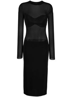 jet black stretch-design semi-sheer construction round neck long sleeves straight hem mid-length Sheer Black Dress Midi, Luxury Fitted Sheer Midi Dress, Luxury Fitted Black Midi Dress, Luxury Black Long Sleeve Midi Dress, Luxury Black Sheer Midi Dress, Sheer Midi Dress, Midi Dress Black, Versace Outfit, Knee High Leather Boots