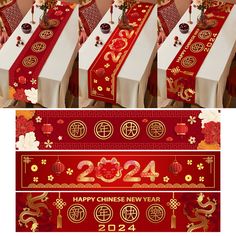 the table runner is decorated with red and gold decorations