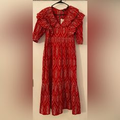 Nwt Xs Red Fitted Embroidered Dress, Red Short Sleeve Midi Dress With Ruffles, Festive Red Cotton Dress, Festive Maxi Length Ruffled Dresses, Zara Fitted Cotton Maxi Dress, Zara Bohemian Red Midi Dress, Zara Bohemian Cotton Midi Dress, Red Maxi Length Cotton Dress, Spring Festive Cotton Maxi Dress