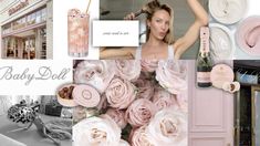 a collage with pink flowers and items for the baby doll store in black and white