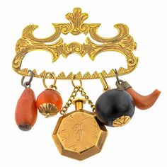 measuring app. 1 7/8 x 2 1/4 inches long, with coral, jet, carnelian and a gold perfume flask charm, engraved "23-7-62", fashioned in 18k gold. Circa 1860 Gold Perfume, Bling Bling, Fashion Ideas, Flask, Keychains, Magnets, 18k Gold, Coral, Charm Bracelet