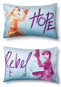 two pillows with cartoon characters on them, one is holding a hammer and the other has a