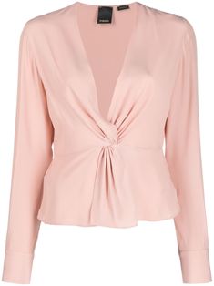 peach pink silk blend plunging V-neck twist detailing long sleeves buttoned-cuff sleeves curved hem Mom Fits, Clothes For Women Over 50, Peach Blouse, 23rd Birthday, Everything Pink, Pink Silk, Peach Pink, Women Over 50, Cuff Sleeves