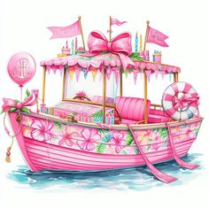 a drawing of a pink boat with flags and decorations on the front, in the water