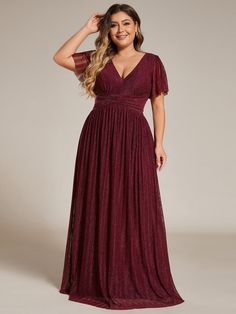 Plus Size V-Neck Glittery Short Sleeves Formal Evening Dress with Empire Waist #color_Burgundy Maroon Bridesmaid Dresses Burgundy, Mother Of The Bride Dresses Plus Size, Plus Size Maid Of Honor Dress, Formal Plus Size Dresses, Plus Size Bridesmaids, Plus Size Special Occasion Dresses, Vibe Board, Maroon Bridesmaid Dresses, Mother Of The Bride Dresses Long