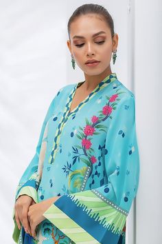 Sea Blue And Navy Blue Crepe Printed Kurta And Matching Printed Panwar – Sania Maskatiya International Unstitched Blue Floral Print Kurta, Blue Floral Print Unstitched Kurta, Blue Unstitched Cotton Dress, Blue Kurta With Printed Motifs For Spring, Spring Blue Floral Print Kurta, Blue V-neck Kurta With Printed Motifs, Fitted Blue Kurta For Summer, Blue Digital Print Summer Dress, Blue Long Sleeve Dress With Printed Motifs