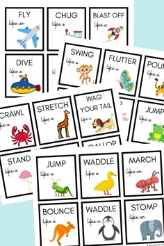 printable flash cards with pictures of different animals and words on them, including the word's names