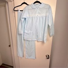 Carole Matching Vintage, Light Blue, Women’s Pajamas Set, Long Sleeve, Lace Top And Pull On Women’s Pants. Nwot Size 34, I’m Not Sure What That Translates Into, Maybe A Small Or Medium. See Measurements. The Waistband Does Have Stretch. -Long Sleeves Top -Lace Detail -Button Front -Pull On Pants -Matching Set -80% Acetate, 20% Nylon -Made In Usa -Soft, Cozy -Comfy -Bedtime, Sleepy Time -Loungewear -Vacation -Cruise -Honeymoon Trip -Anniversary Trip -Valentines Day -Cottage Core -Grandma Chic -Gr 80s Pajamas Vintage, Light Blue Cotton Loungewear Sets, Light Blue Cotton Lounge Sets, Blue Sleepwear Long Pants For Loungewear, Blue Long Pants Sleepwear For Loungewear, Blue Sleepwear Long Pants For Pajama Party, Blue Sleepwear For Pajama Party, Blue Sleepwear Sets With Long Pants, Blue Lounging Sets With Long Pants