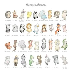 an animal chart with different kinds of animals on it's sides and the words choose your characters