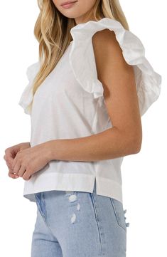 Fluttering ruffle sleeves frame this charming day-to-night top crafted from breezy cotton. Crewneck Short sleeves 100% cotton Hand wash, dry flat Imported Night Tops, Ruffle Sleeve Top, English Factory, Top Crafts, Ruffled Sleeve Top, Ruffle Sleeves, Open Shoulder Tops, Sleeve Top, Short Sleeves