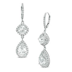 Beautifully crafted, these exquisite drop earrings make that special evening out a memorable occasion. Fashioned in sterling silver, these styles pair cushion-cut and pear-shaped lab-created white sapphires, each bordered with frames of smaller white sapphire accents, together in an elegant drop. The earring fronts also glisten with white sapphire accents. Polished to a brilliant shine, these dramatic drops suspend from and secure with lever backs. Chandler Earrings, Zales Jewelry, Prom Earrings, Sapphire Stone, White Sapphire, White Metal, Earring Backs, Stone Settings, Designer Earrings