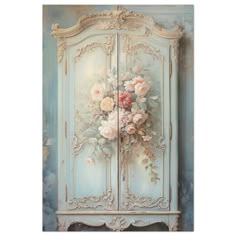 an ornate armoire with flowers painted on it