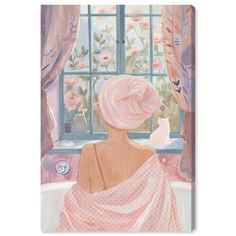 a painting of a woman sitting in a bathtub with a cat looking out the window