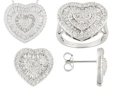 Bella Luce ® white diamond simulant 4.26ctw rhodium plated sterling silver heart earrings, necklace and ring. Earrings measures approximately 1/2"L x 1/2"W and have tension post backings. Pendant measures approximately 3/4"L x     13/16"W and has a 2.5mm bail. Also includes an 18 cable chain with a spring ring closure. Ring measures approximately 5/8"L x 1/16"W and is not sizeable. Cubic Zirconia Jewelry Sets For Anniversary, Sterling Silver Heart Jewelry Sets For Anniversary, Silver Heart-shaped Jewelry Sets For Anniversary, Diamond Jewelry Sets For Anniversary, Silver Heart Jewelry Sets For Anniversary, Silver Heart Cut Jewelry Sets For Valentine's Day, Valentine's Day Silver Jewelry Sets With Heart Cut, Valentine's Day Silver Heart-cut Jewelry Sets, Dazzling Sterling Silver Jewelry Sets For Anniversary