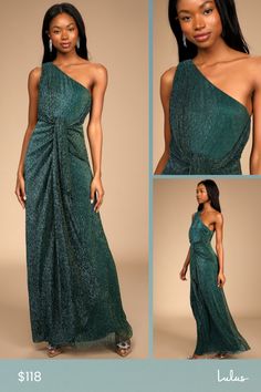 Shine for the night with the Lulus Glamorous Glitz Shiny Teal Green One-Shoulder Maxi Dress! Metallic lurex fabric shapes this eye-catching dress that has a single wide strap, a one-shoulder neckline, and a relaxed bodice. A knotted detail at the front drapes down the front of the maxi skirt. Hidden back zipper/clasp. Fit: This garment fits true to size. Length: Floor length. Size medium measures 58" from shoulder to hem. Bust: Great for any cup size. Waist: Fitted - very fitted at natural waist Green One Shoulder Floor-length Evening Dress, Green One-shoulder Floor-length Evening Dress, Glamorous Green Off-shoulder Dress, Green One-shoulder Maxi Dress For Parties, Green Evening Dress With Asymmetrical Neckline For Party, Green Asymmetrical Neckline Party Evening Dress, Green One Shoulder Dress With Asymmetrical Neckline For Party, Green Asymmetrical Neckline Party Dress, Green Shimmer Party Dress