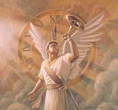 a painting of an angel holding a clock in his hands with the sun behind him