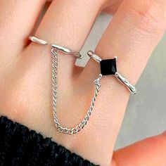 Silver Chain Ring Black Jewel Both Rings Have An Adjustable Opening Super Cute And Trendy Copper Alloy Material Silver Open Metal Chain Ring, Silver Chain Ring With Adjustable Open Style, Silver Open Chain Ring With Adjustable Chain, Trendy Silver Chain Ring Gift, Minimalist Silver Midi Rings With Adjustable Chain, Trendy Silver Chain Ring As Gift, Minimalist Silver Rings For Party, Adjustable Black Alloy Ring, Black Metal Jewelry With Silver Chain