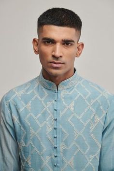 Shop for Dhruv Vaish Blue Cotton Silk Chanderi Kurta Set for Men Online at Aza Fashions Stylish Boy Clothes, Stylish Boy, Kurta Set For Men, Blue Kurta, Kurta Men, Geometric Embroidery, Stylish Boys, Kurta Designs, Boy Clothes