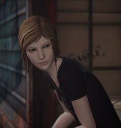 an animated image of a woman leaning against a wall with her hand on the ground