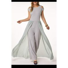 Women's Evening, Formal, Party, Bridesmaid, Elegant Jumpsuit/Romper Cold Shoulder Long/Wide And Straight Leg Material Stretches And Is Not See Through 35% Cotton 65% Polyester Size Medium Armpit To Armpit: 18.5" Waist: 15.5" Hips: 19" Inseam: 27.5" Shoulder To Bottom Of The Jumpsuit Is 57.5" And Shoulder To The Chiffon Layer Is 61" Zippers Up At The Back Spring, Summer, Autumn New Without Tags Bundles Welcomed! Tags/Ignore: Sequin, Maxi, Mermaid Dress, Comfy, Bodycon, Sexy, Flowers, Midi Dress, 40 Year Old Womens Fashion, Sweatshirt Dresses, Summer Fashion 2020, Grey One Piece, Cute Jumpsuits, Winter Womens Fashion, High Waist Jumpsuit, Family Dress, Cheap Jumpsuits