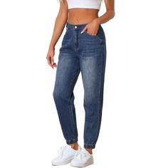 These pants is made up of several design points: high waist, elastic waist back, washed denim, elastic ankle cuff design, casual jogger jeans with side pockets, suitable for most of shape body. Elastic ankle cuffs, Pull on and button closure, basic denim pants. You can pair it with your favorite wedges or heels for that effortless stylish look. Also, you can add sneakers for a casual jogging style, an essential for every fashion women or girl. Occasion: Casual, dating, work, street, traveling, s High Waist Mom Fit Jeans With Pockets, Trendy High Waist Jeans With Elastic Waistband, Casual Medium Wash Mom Fit Cropped Jeans, High Waist Elastic Jeans In Medium Wash, High Waist Medium Wash Jeans With Elastic Waistband, High Waist Jeans With Elastic Band In Medium Wash, High Waist Jeans With Elastic Waistband In Medium Wash, High Waist Denim Blue Jeans With Elastic Waistband, Mom Fit Dark Wash Bottoms With Pockets