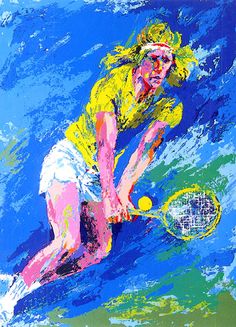 a painting of a female tennis player in action