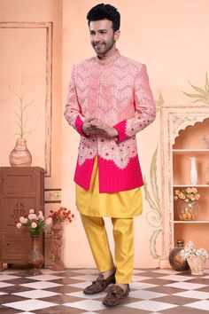 Looking for a unique and stylish sherwani? Check out our Mens Sherwani- U2-S402. With mirror, sequin, and beads embroidery, this piece will surely make you stand out. In a one-of-a-kind color combo. Bollywood Style Pink Kurta With Sequins, Festive Pink Kurta With Sequins, Pink Sequined Kurta For Eid, Designer Ceremonial Kurta With Mirror Work, Festive Pink Sequined Kurta, Festive Pink Sequin Kurta, Pink Sequined Kurta For Festivals, Designer Nehru Jacket With Mirror Work For Festivals, Bollywood Style Festive Sherwani With Sequins