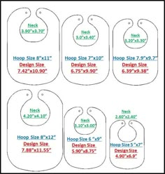 four baby bibs with measurements for each size