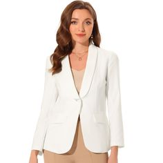 This Winter Shawl Lapel Work Blazer is designed for the modern working woman, featuring a sophisticated shawl lapel and long sleeves that exude professionalism and style in any office setting. A must-have option for the new season, add new styles to your wardrobe. Equipped with spacious pockets, this office jacket blazer offers practicality along with its elegant design. Store your essentials like keys or small personal items conveniently while on the go. With its classic design and neutral colo Elegant Blazer With Lapel Collar For Business Casual, Elegant Single Button Shawl Collar Blazer, Elegant Single Button Blazer With Shawl Collar, Elegant Blazer With Hidden Button Closure For Office, Elegant Office Blazer With Hidden Button Closure, Elegant Office Blazer With Hidden Buttons, Elegant Single-breasted Blazer For Office, Elegant Office Blazer With Lapel Collar, Elegant Long Sleeve Blazer For Office