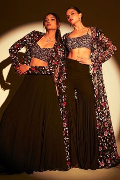 Black attached cancan lehenga. Paired with a multi color, floral, sequins hand embroidered jacket and inner padded sequin hand embroidered blouse. - Aza Fashions Short Lehenga, Sequins Jacket, Cape Lehenga, Jacket Lehenga, Cancan Lehenga, Kurta Lehenga, Lehenga Pattern, Lehenga Skirt, Open Neck