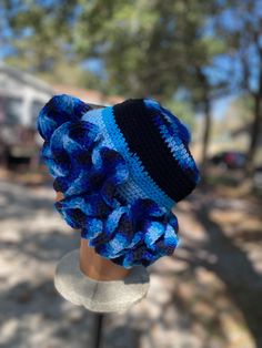 Handmade trendy lightweight and very stylish.   This is a gorgeous custom ruffle hat.  Purchase this color or message me for other color choices. Items can be purchased separately. Blue Crochet Hat, Crochet Queen, Ruffle Hat, Crochet Loom, Jewelry Scarves, Crochet Creations, Blue Hat, Crochet Slippers, Crochet Stuff