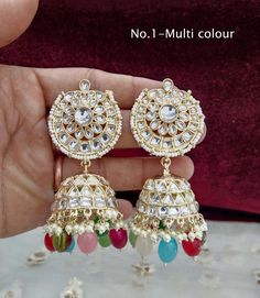 *Light Weighted Gold earrings set. *Earrings length: 3.2  inches  (with drops)  *Earrings stud size- 1.4 inches *Earrings dome size: 1.1 inches Multicolor Fusion Jhumkas For Diwali, Fusion Style Multicolor Jhumkas For Diwali, Fusion Style Multicolor Jhumkas For Festivals, White Fusion Style Danglers As Gift, White Fusion Style Danglers For Gift, White Fusion Style Danglers For Gifting, White Fusion Style Danglers For Gifts, White Fusion Danglers With Latkans, Heavy Multicolor Dangle Jhumkas