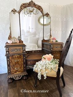 a bedroom with a bed, dresser and mirror