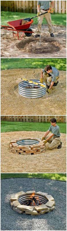 a man working on a fire pit in the yard