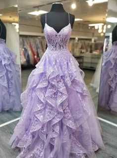 Purple Lace Ball Gown Dress, Purple Lace Dress With Fitted Bodice, Purple Lace Prom Evening Dress, Purple Lace Dresses With Ruffles, Purple Lace Dress With Ruffles, Purple Lace Floor-length Gown, Lavender Ruffled Wedding Gown, Purple Dress With Lace Bodice, Purple Lace Gown For Debutante Ball