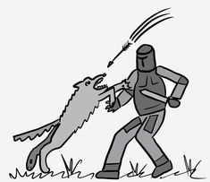 a drawing of a knight attacking a wolf