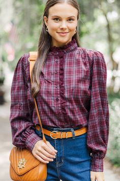 shop the mint, trendy online boutique, boutique clothing Fall Burgundy Button-up Tops, Fall Daywear Button-up Blouse, Burgundy Button-up Top For Fall, Fall Plaid Collared Blouse, Fall Button-up Blouse For Daywear, Plaid Collared Blouse For Fall, Fall Plaid Cotton Blouse, Fall Daywear Blouse With Button Closure, Plaid Cotton Blouse For Fall