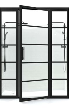 an open glass shower door on a white background