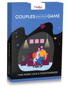 a couple sitting on a couch in front of a blue box with the title couples question game for more love and togetherness