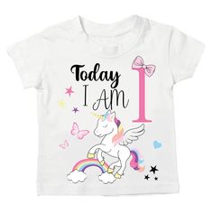 Fun unicorn themed birthday T-shirt for your little one to celebrate their birthday or to give as a gift! Available up to age 5.  Printed directly onto 100% cotton material. INSTRUCTIONS: Select the size and the age you would like on the t-shirt  SIZING: Please refer to images for size measurements. WASHING INSTRUCTIONS: Turn garment inside out. Wash inside out on a cool wash and hang to dry. Do not bleach/dry-clean Do not iron directly onto the image Personalised items cannot be returned or exc Cute Unicorn Print Birthday T-shirt, Playful Cotton T-shirt With Unicorn Print, Pink T-shirt With Funny Print For First Birthday, Pink Unicorn Print T-shirt For Birthday, Cute White T-shirt With Unicorn Print, Birthday Unicorn Print Crew Neck T-shirt, Birthday White T-shirt With Unicorn Print, White Unicorn Print Top For Birthday, White Unicorn Print T-shirt For Birthday