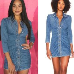 Brand New Without Tag Size L Bust:19" (Can Stretch) Length From Shoulder:32.5" Sleeves:19.5" Waist:16.5" Across Hip And Hem:21.5" Across The Gigi Dress Is Our Modern Take On The Classic Denim Button Downtrue To Form, The Retrofte Version Is Ready To Party. This Mini Dress Features Silver Buttons Down The Front, Three-Quarter Sleeves, Collar, And Ruching Throughout. Shown Here In Bailey. 100% Cotton Collared Neckline Three-Quarter Sleeves Front Button Closures Dry Clean Only Made In China Spring Party Mini Dress In Medium Wash, Summer Fitted Long Sleeve Denim Dress, Fitted Long Sleeve Denim Dress For Summer, Spring Party Denim Dress In Medium Wash, Spring Party Medium Wash Denim Dress, Summer Long Sleeve Fitted Denim Dress, Spring Party Knee-length Denim Dress, Denim Blue Spring Party Dress, Denim Blue Dress For Date Night In Spring