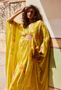 Introducing the lime yellow kaftan set, crafted from placement printed pure habutai silk fabric, where the print is meticulously placed to enhance the extraordinary look of this modern silhouette. Adorned with hand-embroidered patches and delicate details on the sleeves and neck, this silhouette offers a relaxed and super comfy look, perfect for embracing both style and comfort. Yellow Kaftan, Kaftan Set, Printed Kaftan, Kaftan Dresses, Lime Yellow, Earth Goddess, Silk Kaftan, Yellow Print, Kaftan Dress