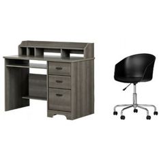 an office desk with a chair next to it