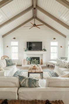 Cozy, well-lit living room with a fireplace, vaulted ceiling, exposed beams, and a mix of rustic and modern decor. Eclectic Gallery Wall Ideas, Bohemian Farmhouse Decor, Boho Farmhouse Living Room, Modern Boho Farmhouse, Earthy Textures, Farmhouse Living Room Ideas, Gallery Wall Ideas, Farmhouse Decorations, Gorgeous Farmhouse